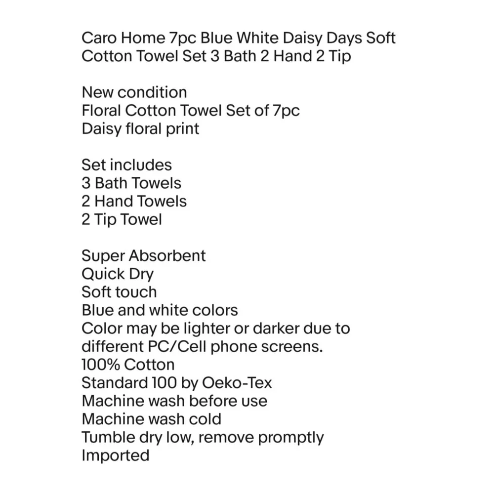 Caro Home 7pc Blue White Daisy Days Cotton Towel Set 3 Bath 2 Hand 2 Tip Cottage